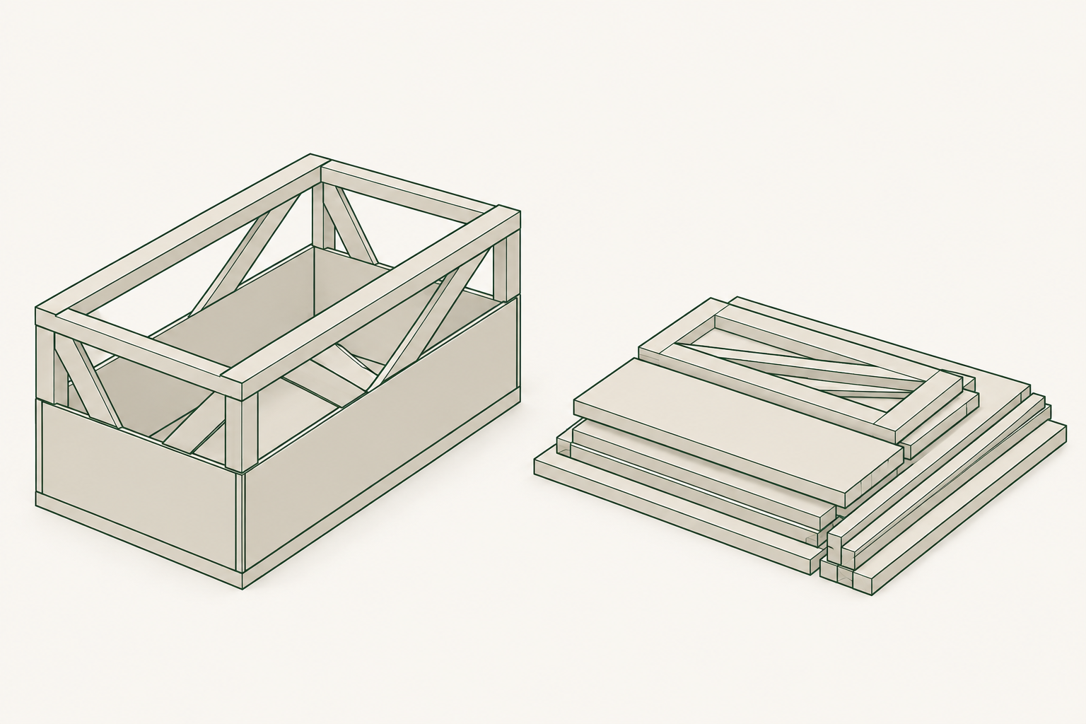 Illustration of GLF's flat-pack wooden packaging for Husqvarna, assembled and flat-packed.